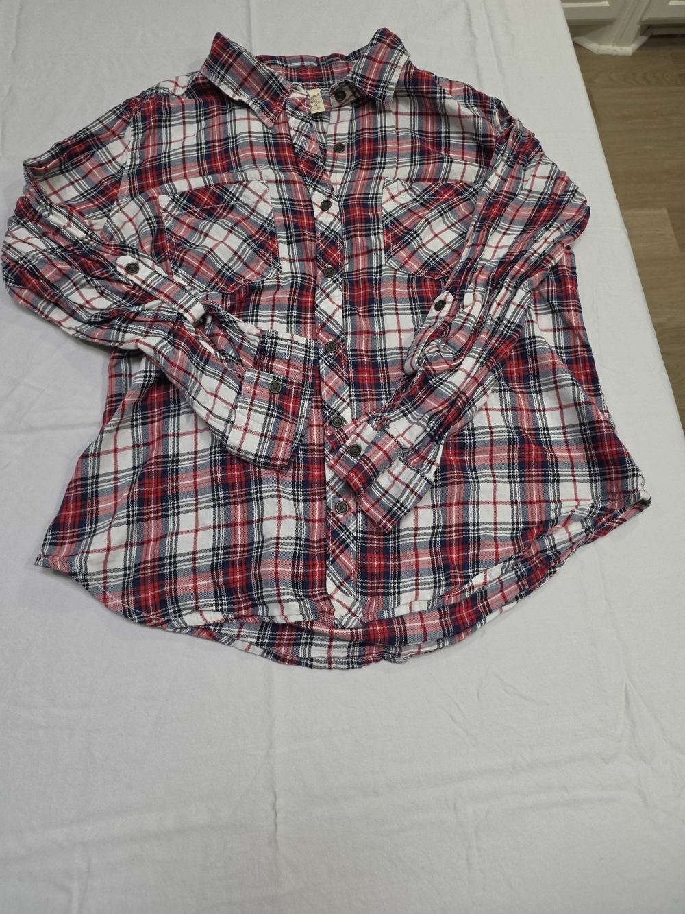 100% Cotton Faded Glory Red, White Plaid Button-Down Shirt